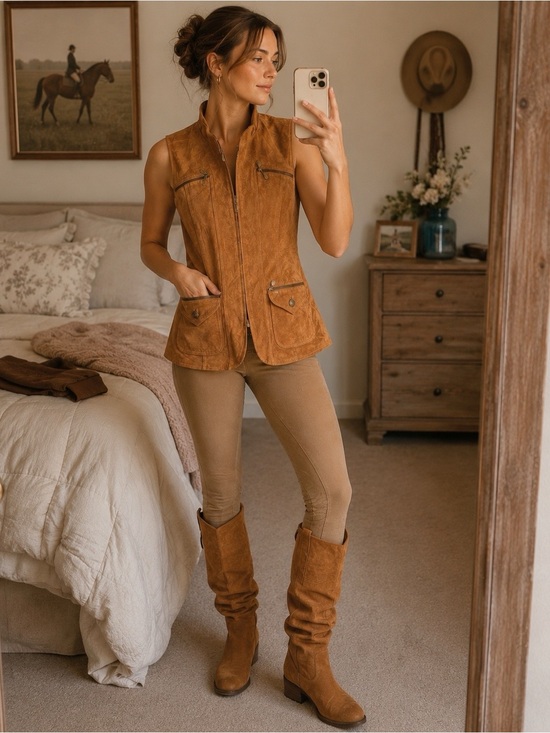Live a Little Pants - Vintage Cognac Suede Leather Vest – Equestrian Western Moto Academia Front Zip